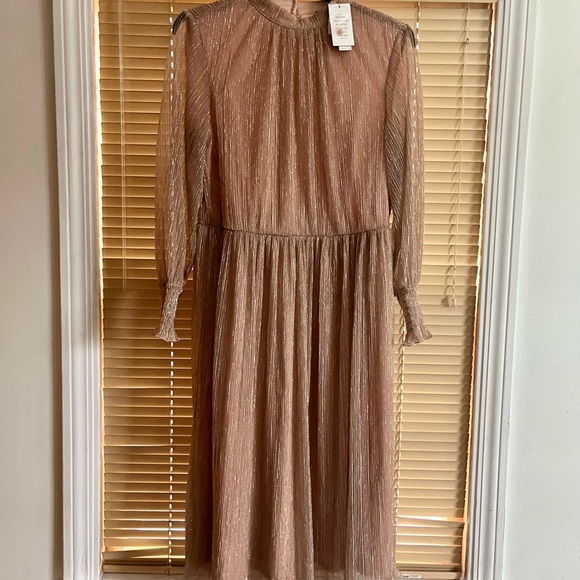 ELOQUII Neutral Gold-Threaded High-Neck Puff-Sleeve Gathered-Waist Dress - Picture 2 of 5